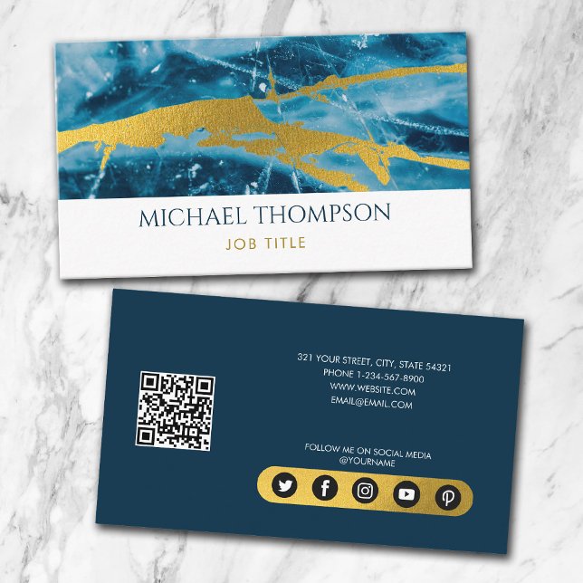 Geode Agate Blue Gold Social Media QR Code Business Card (Creator Uploaded)