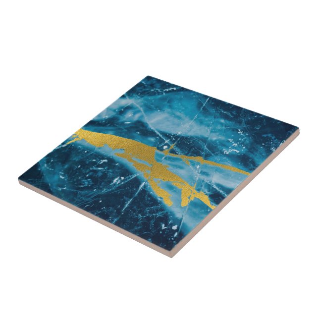 Geode Agate Gemstone Blue and Gold Ceramic Tile (Side)