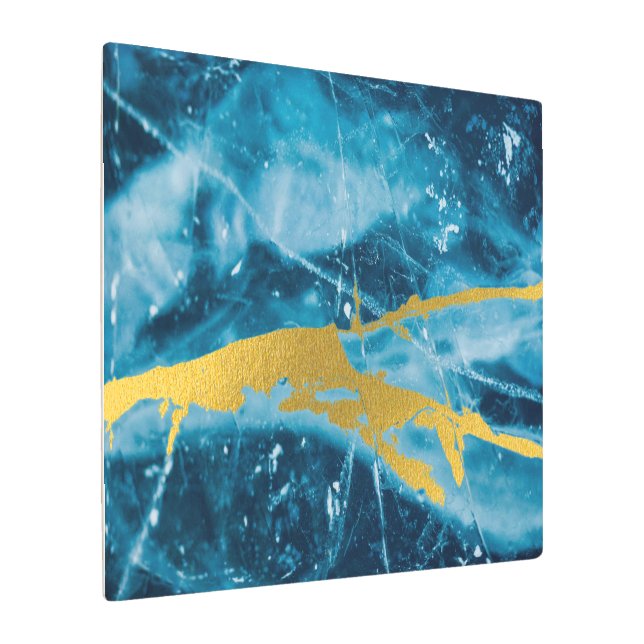 Geode Agate Gemstone Blue and Gold Metal Print (Angled)