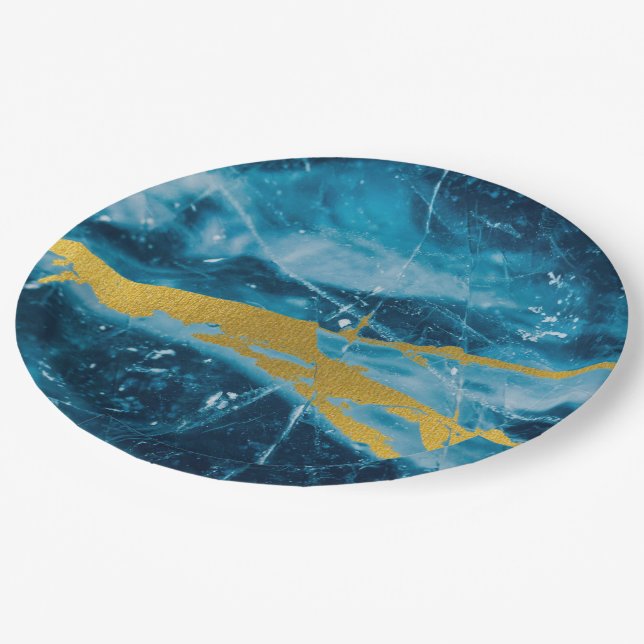 Geode Agate Gemstone Blue and Gold Paper Plates (Angled)