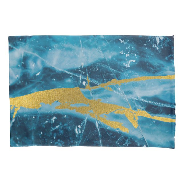 Geode Agate Gemstone Blue and Gold Pillow Case (Front)