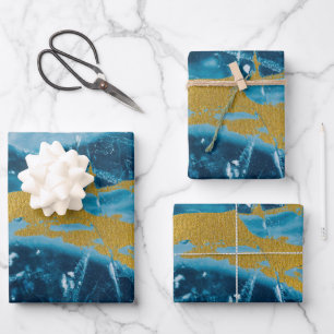 Geode Agate Gemstone Blue and Gold Wrapping Paper Sheets