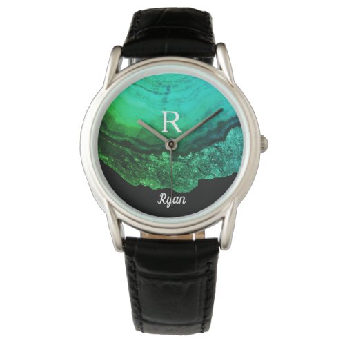 Geode Agate Monogram Initials Name Template Green Watch