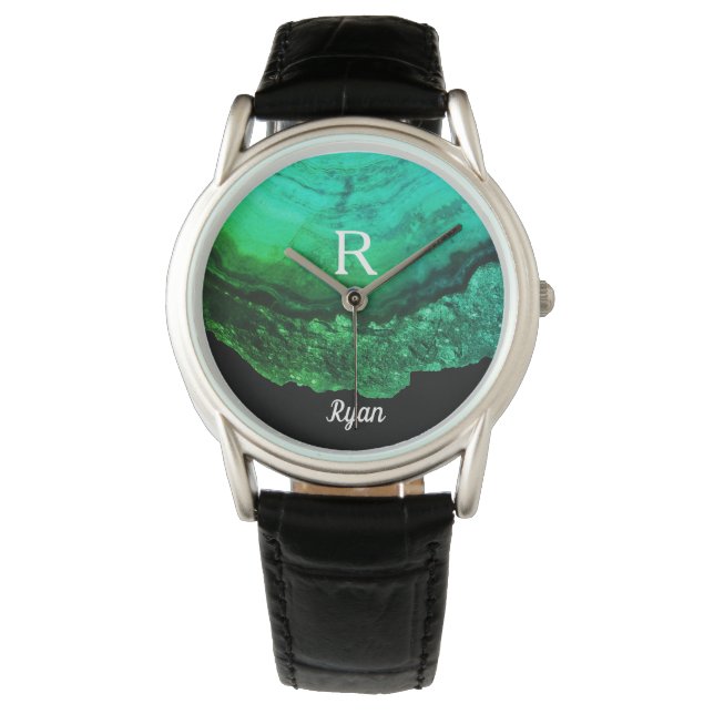 Geode Agate Monogram Initials Name Template Green Watch (Front)