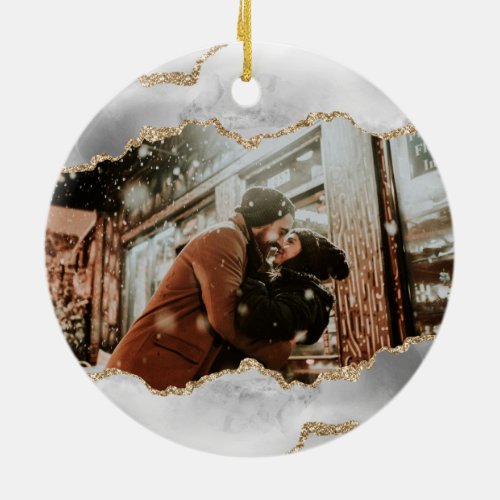 Geode agate silver gold vein save the date photo ceramic ornament