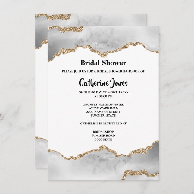 Geode chic gold white agate watercolor bridal invitation (Front/Back)