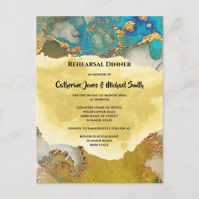 Geode faux gold blue crystal watercolor chic invitation postcard (Front)