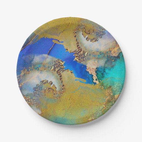 Geode faux gold blue ocean globe watercolor chic paper plates