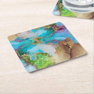 Geode faux gold blue purple green watercolor art square paper coaster
