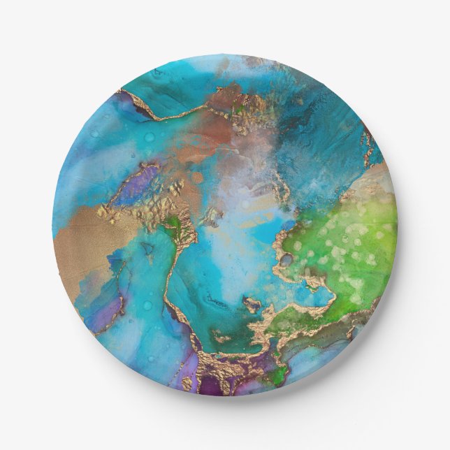 Geode faux gold blue purple purple agate gemstone paper plates (Front)