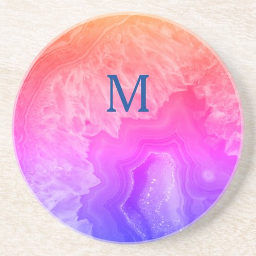 Geode Gemstone Agate Monogram Initials Pink Blue Coaster