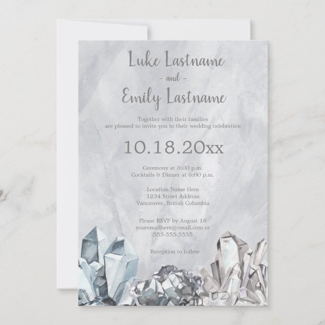 Geode & Gemstones in Grey Watercolour Wedding Invitation (Front)