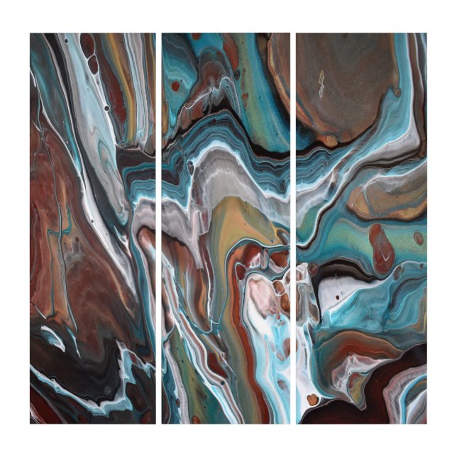 Geode Look Brown Blue Fluid Acrylic Painting Triptych (Front)