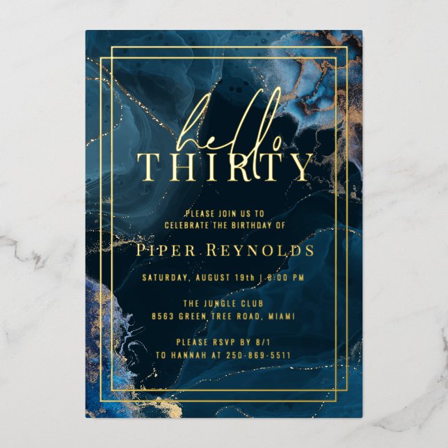 Geode Marble | Gold Navy 30th Birthday Foil Invitation (Front)