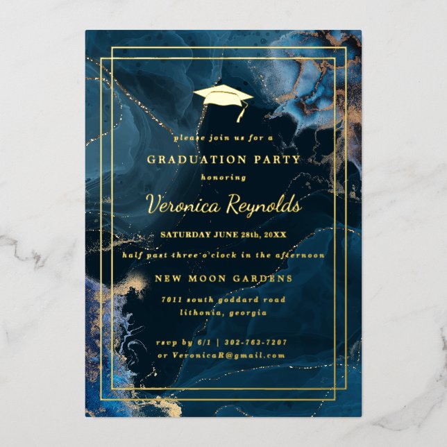 Geode Marble | Gold Navy Graduation Invitation Foil Invitation (Front)