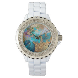 Geode peacock colors faux gold blue agate marble watch