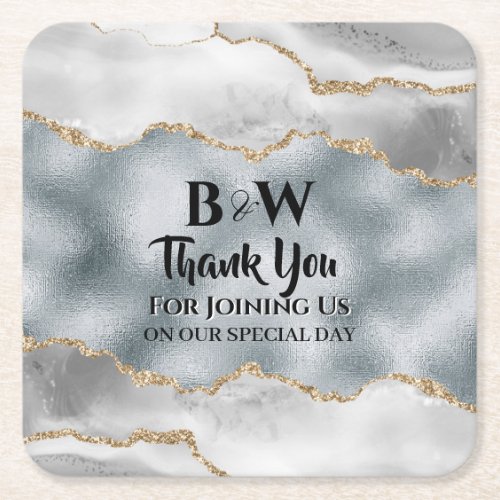 Geode watercolor faux gold silver bridal party square paper coaster