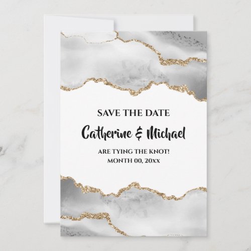 Geode watercolor faux gold white agate save date holiday card