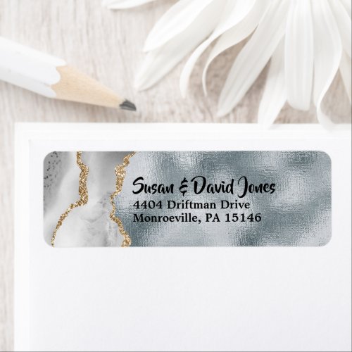 Geode watercolor faux silver gold white elegant label