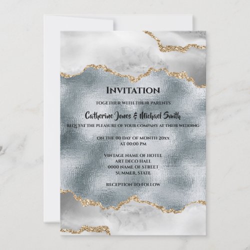 Geode watercolor gold silver white agate chic invitation