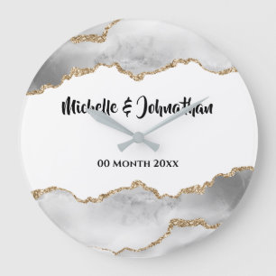 Geode white faux gold agate watercolor bridal large clock