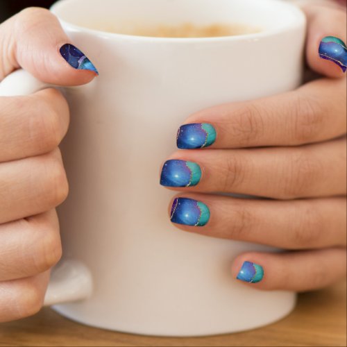 Geodes and galaxies blue purple pink green ceramic minx nail art