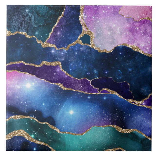 Geodes and galaxies blue purple pink green ceramic tile (Front)