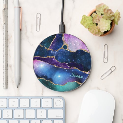 Geodes and galaxies blue purple pink green custom  wireless charger 