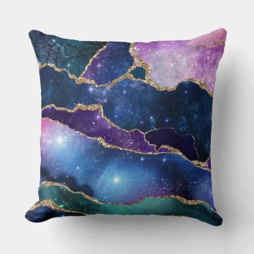 Geodes and galaxies blue purple pink green throw pillow