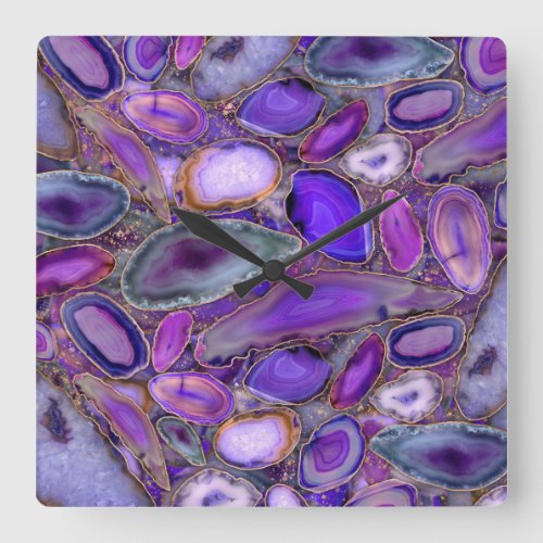 Geodes crystal pattern _ Purple and Violet Square Wall Clock