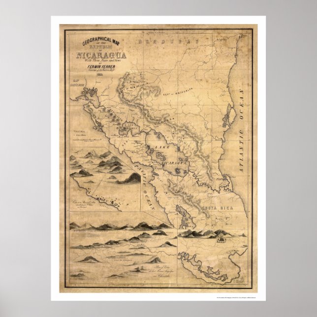 Geographical Nicaragua Map 1855 Poster (Front)