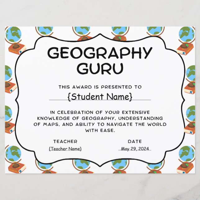 Geography Guru Student Recognition Award (Front)