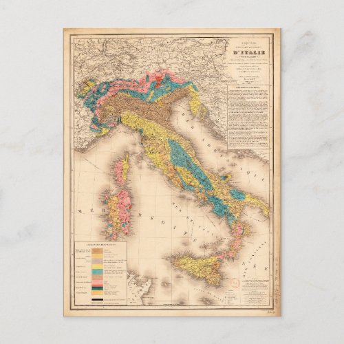 Geological Map of Italy by H de Collegno 1844 Postcard