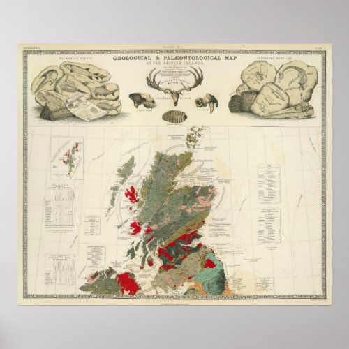 Geological palaeontological map British Islands Poster