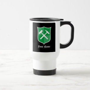 Geologist's Crossed Rock Hammer and Shield Logo Travel Mug