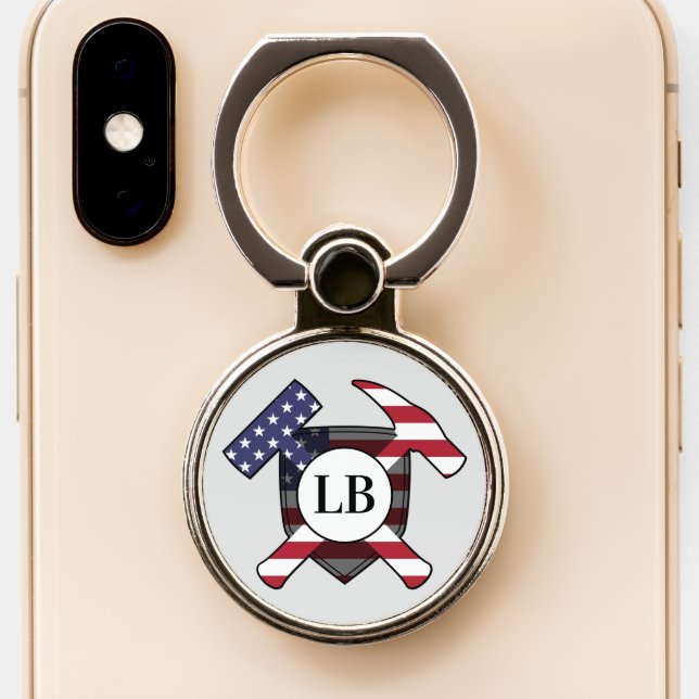 Geologist's Hammers with your Initials on a Phone Ring Stand (Close Up)