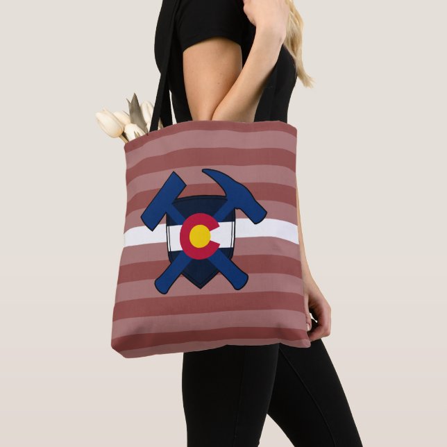 Geologist's Rock Hammer and Colorado Flag Logo Tote Bag (Close Up)