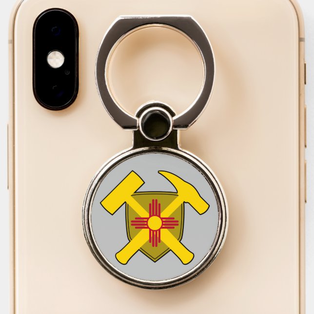 Geologist's Rock Hammer and New Mexico Flag Logo Phone Ring Stand (Close Up)
