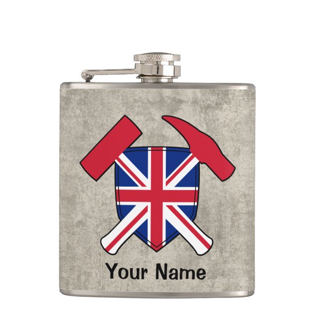 Geologist's Rock Hammer and Union Jack Logo Flask (Front)