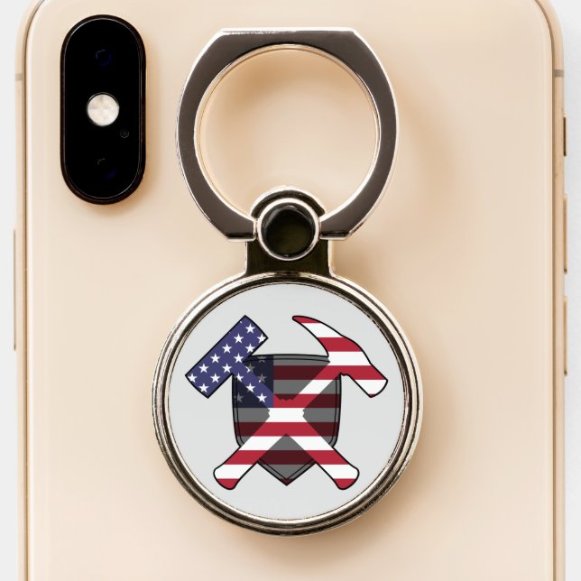 Geologist's Rock Hammer Logo- American Flag Phone Ring Stand (Close Up)