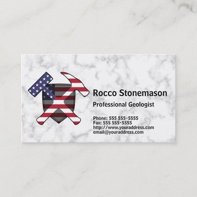 Geologist's Rock Hammer Logo with USA Flag Business Card (Front)