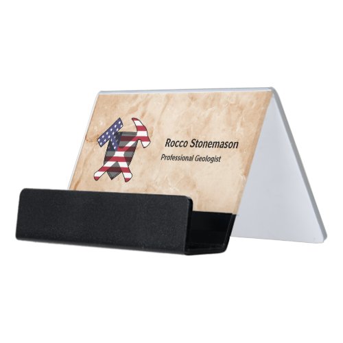 Geologists Rock Hammer Logo with USA Flag Desk Business Card Holder