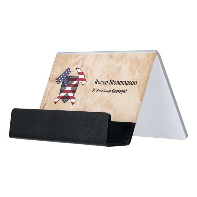 Geologist's Rock Hammer Logo with USA Flag Desk Business Card Holder (Angled Front)