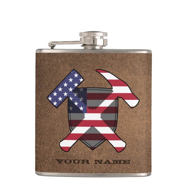Geologist's Rock Hammer Shield- American Flag Hip Flask (Front)