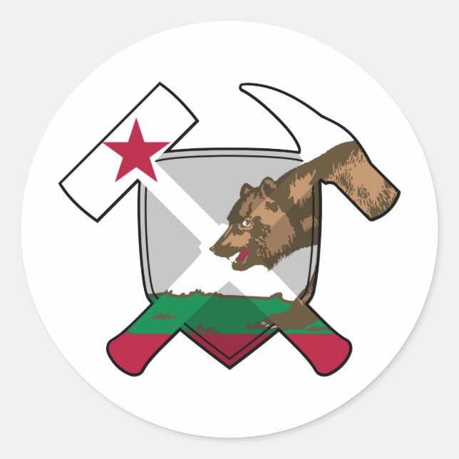 Geologist's Rock Hammer Shield- California Flag Classic Round Sticker (Front)