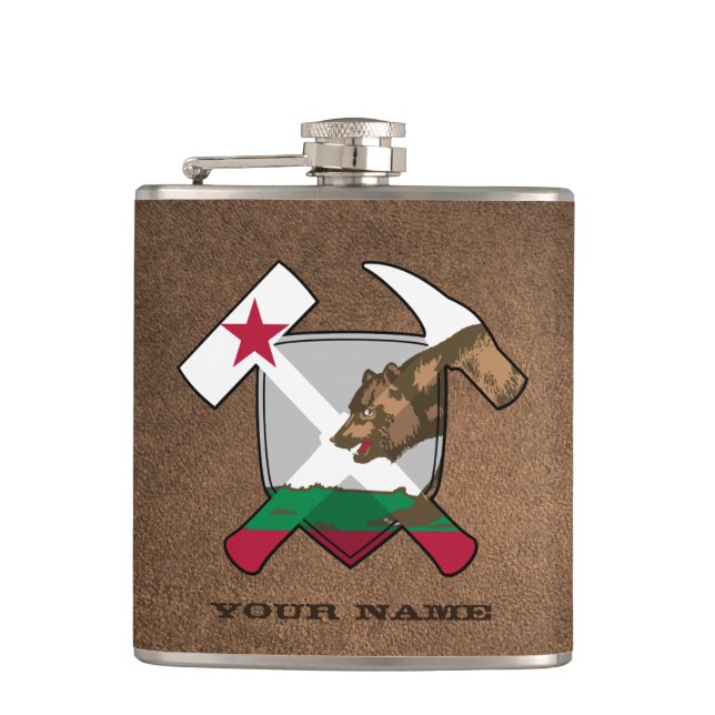 Geologist's Rock Hammer Shield- California Flag Hip Flask (Front)