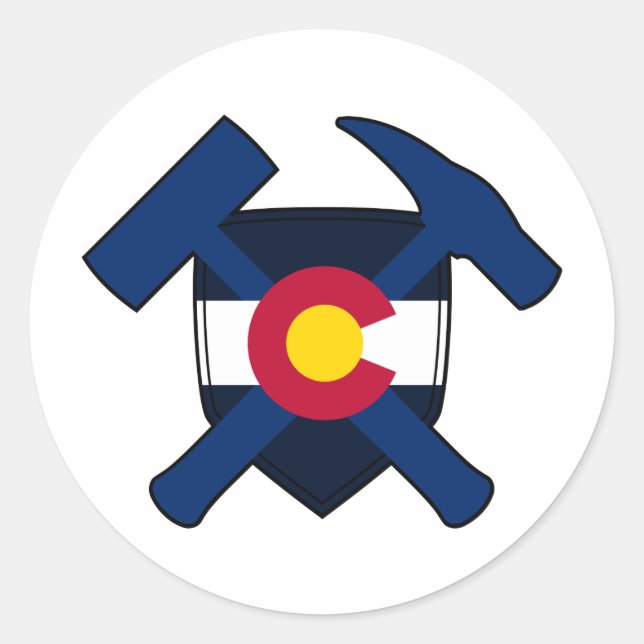 Geologist's Rock Hammer Shield- Colorado Flag Classic Round Sticker (Front)