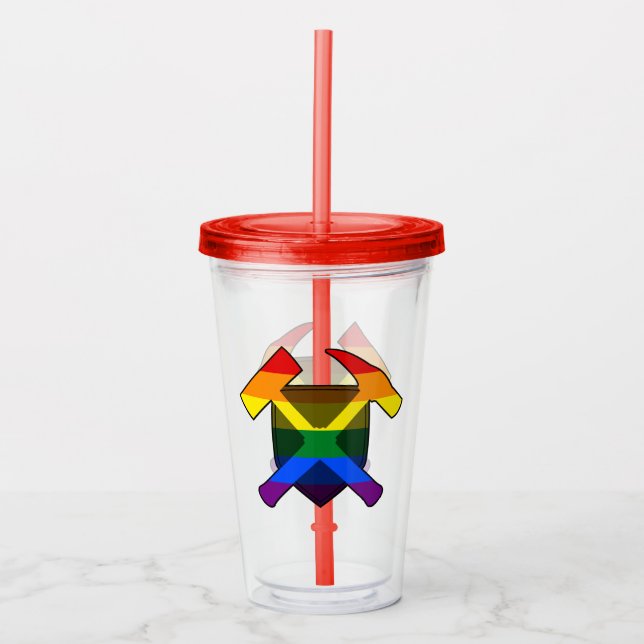 Geologist's Rock Hammer Shield- LGBT Rainbow Flag Acrylic Tumbler (Front)