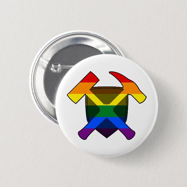 Geologist's Rock Hammer Shield- LGBT Rainbow Flag Pinback Button (Front & Back)