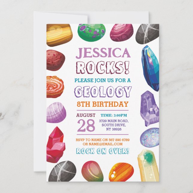 Geology Birthday Party Rocks Gems Crystals Invite (Front)